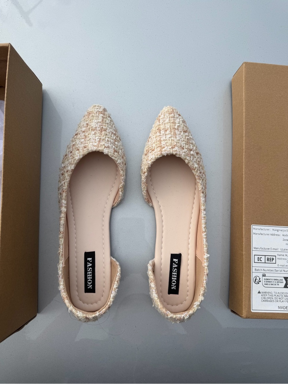 Stylish Beige Tweed Pointed Toe Flats -